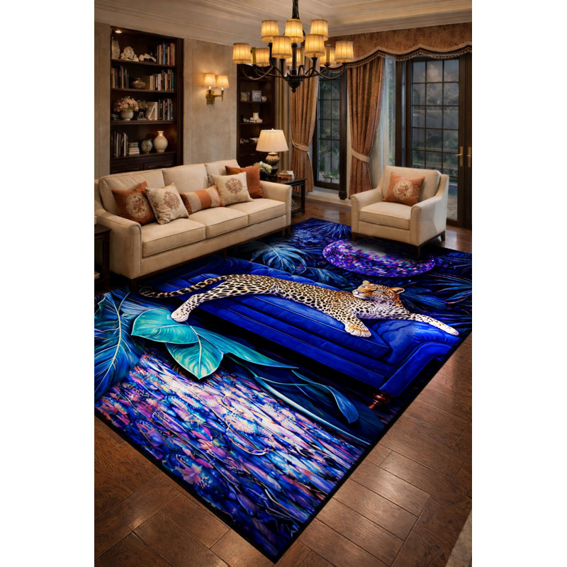 Tapis bleu tissé à imprimé guépard Mosso, 2'4" x 3'11"
