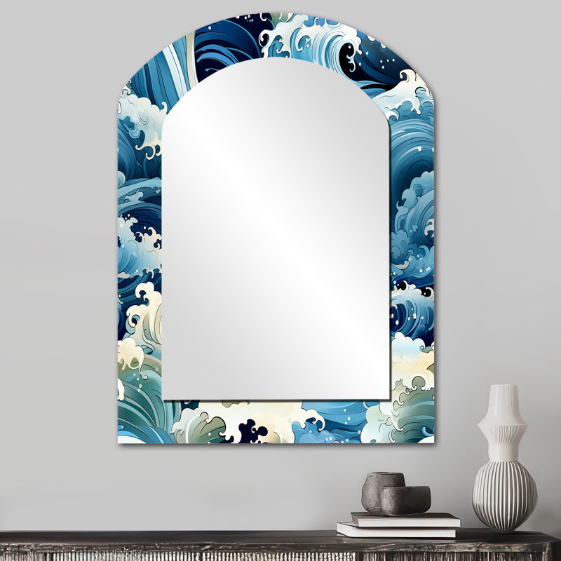 Eau éléments - miroir asymétrique vague japonaise, miroir mural décoratif arche bleue, impression d'art en métal