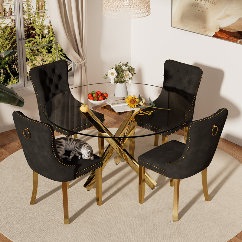 Ensemble de table de salle à manger 5 pièces, Noir / or, H 29,5 po x L 47 po x l 47 po, Or