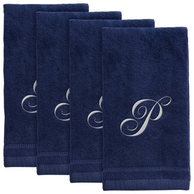 Set of 4 Navy Blue Monogrammed Towel - White Embroidered