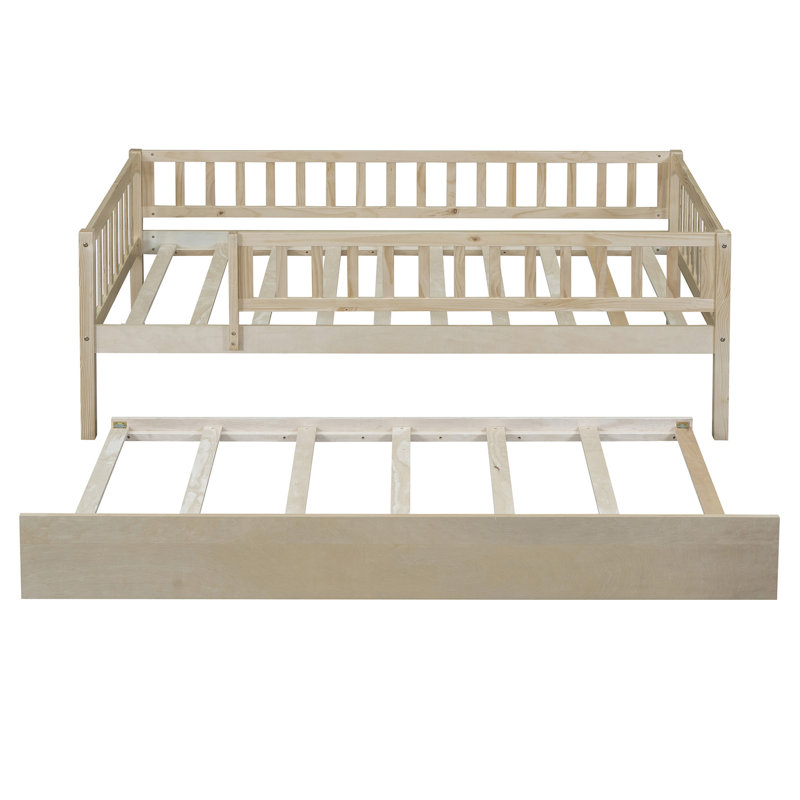 Natural Twin Size Daybed With Trundle And Secure Fence - Stable Sleeping Option Guardrails In Comfortable Practical Bed, Twin