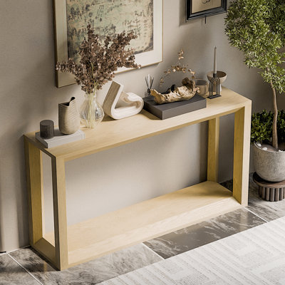 Console rectangulaire en placage de bois massif de 60 pouces avec beaucoup de rangement, idéale pour l'entrée et le salon, finition chêne délavé