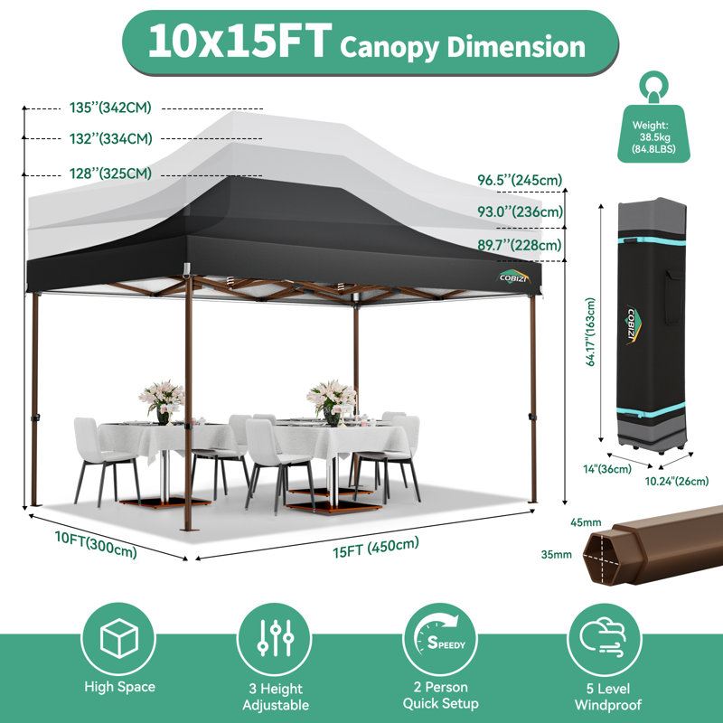 10×15FT hexagonal tube canopy with tube, same colour edging, and cloth, Black