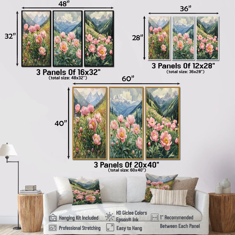 Pivoines dans la vallée balayée par le vent I - Collection d'art mural traditionnel 3 pièces, H 28 po x l 36 po, Crème, crème