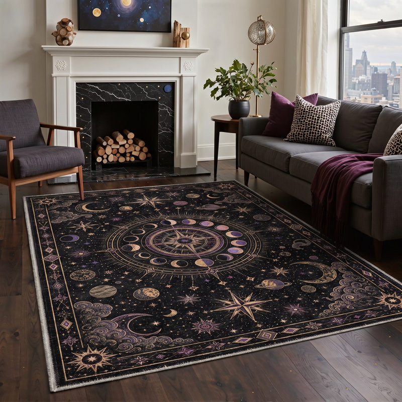 Tapis noir / mauve lavable à la machine avec envers antidérapant, Rectangle 9 pi x 12 pi