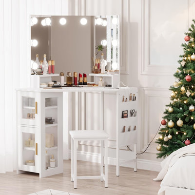 Corner Vanity Desk Mirror - 3-Fold Mirror with 3 Lighting Modes, Built-in Power Station with Outlets and USB Ports, for Bedroom, Makeup Studio