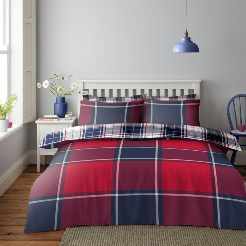 Check Pattern Polycotton Duvet Cover Set with Pillowcases - Lightweight Bedding in Single Double King, Red, Single