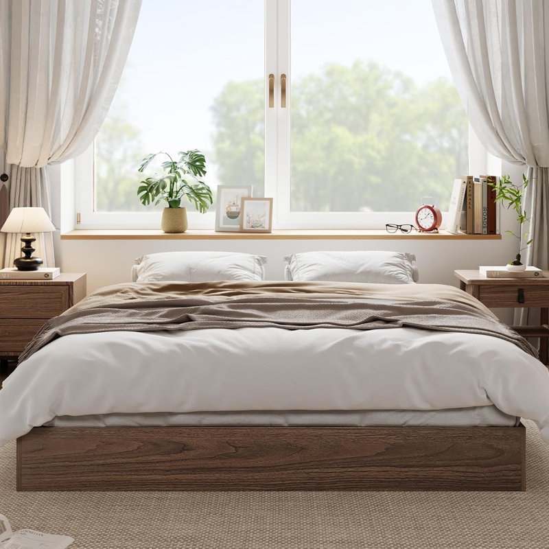 Wood Platform Bed w/ Sturdy Wooden Slats, Floor-Standing Bed Frame, Modern Minimalist Design Space-Saving Bed Frame, No Box Spring Needed
