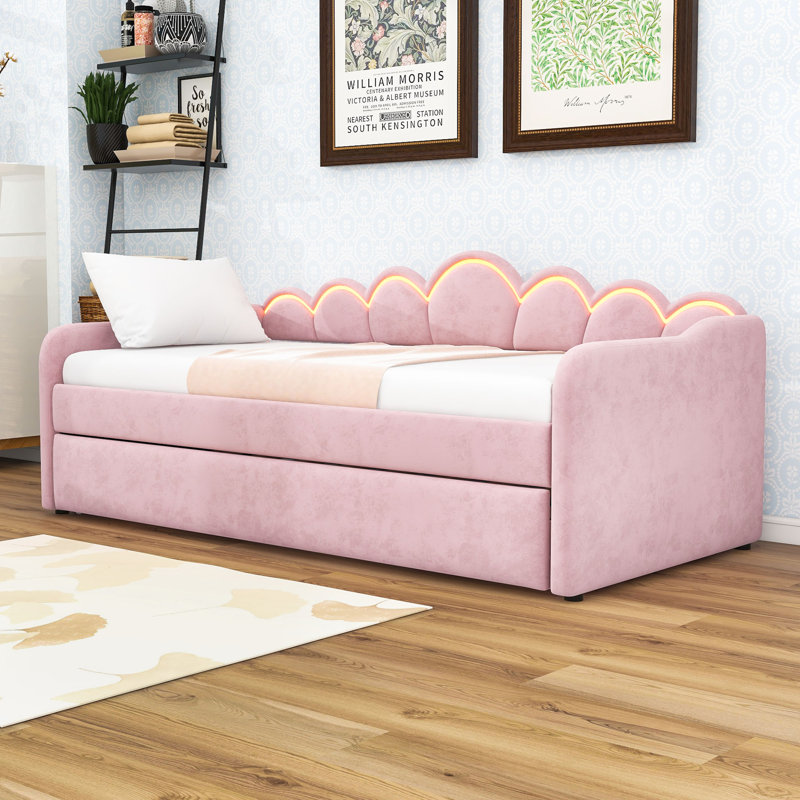 Twin XL Upholstered Daybed with LED Light and Twin Trundle, Pink