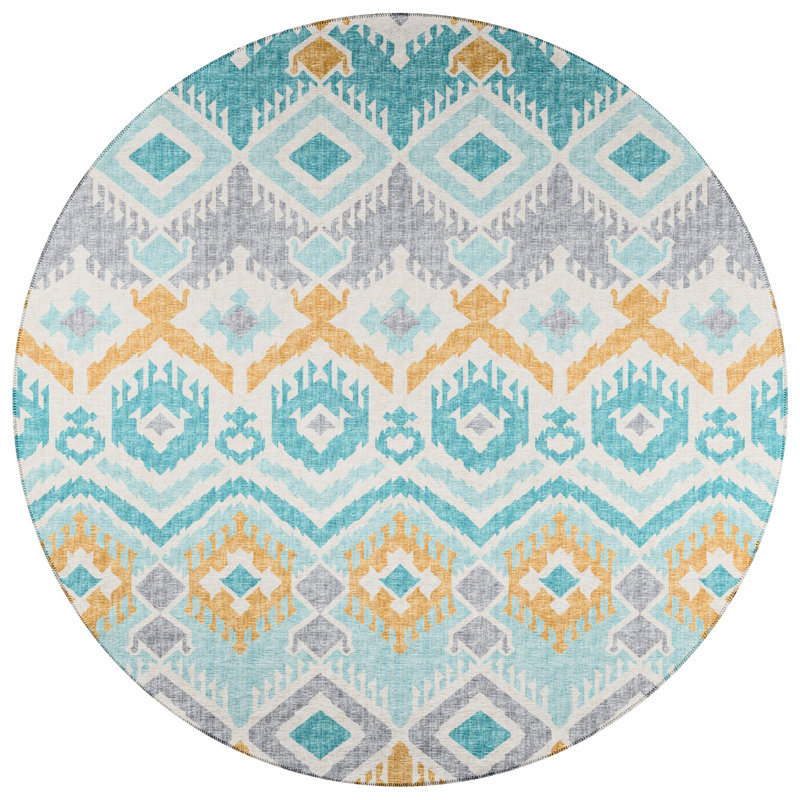 Tapis bleu / orange / blanc tissé à la machine Ikat, Rond 8 pi