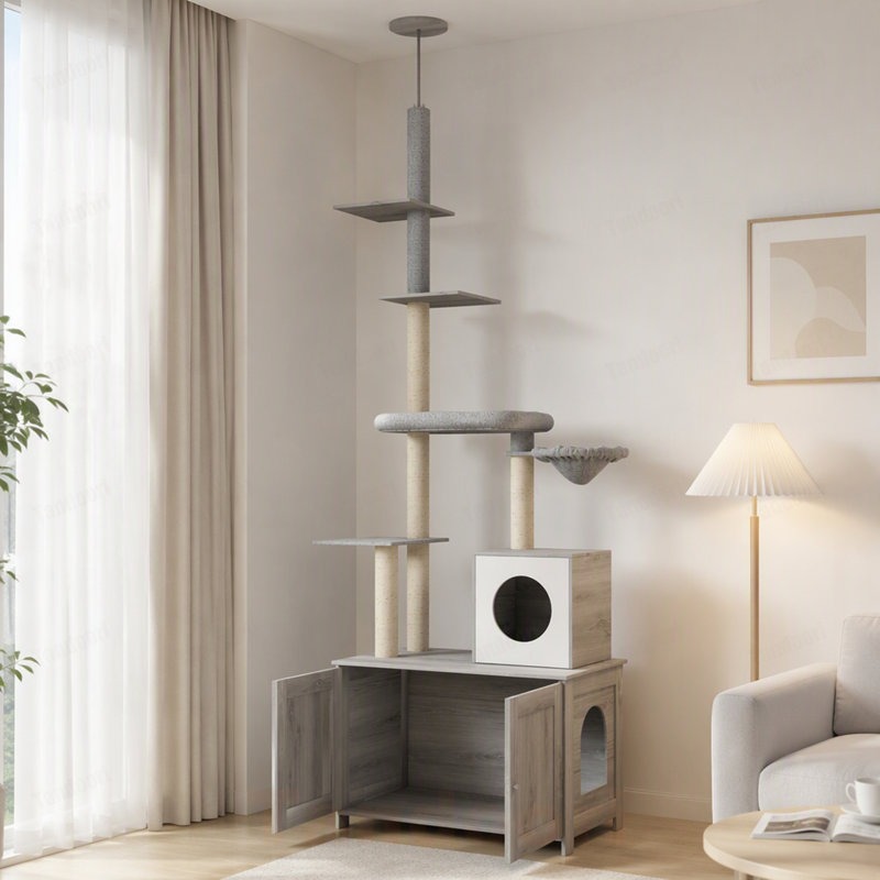 Arbre à chat avec bac à litière, bac à litière 2 en 1 pour chat, lit, hamac, poteaux à griffes et plateformes pour l'intérieur