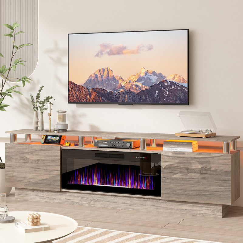 80" Modern Tv Stand With 36" Electric Fireplace, Gray/Silver, Black