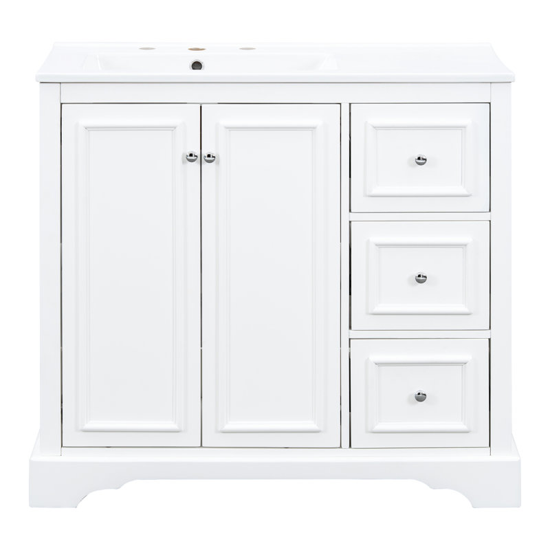 Meuble-lavabo transitionnel de 36 po avec structure en bois massif, finition peinte et 2 portes à fermeture en douceur, lavabo en céramique de 36 po, 3 tiroirs, tablette réglable, fonction