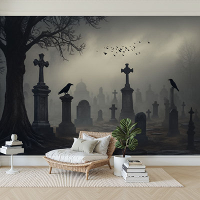 Peel and Stick Wallpaper 96" W x 69" H Modern Self Adhesive Wall Mural for Bedroom Creepy Horror Cemetery Graves Crows Raven Gothic