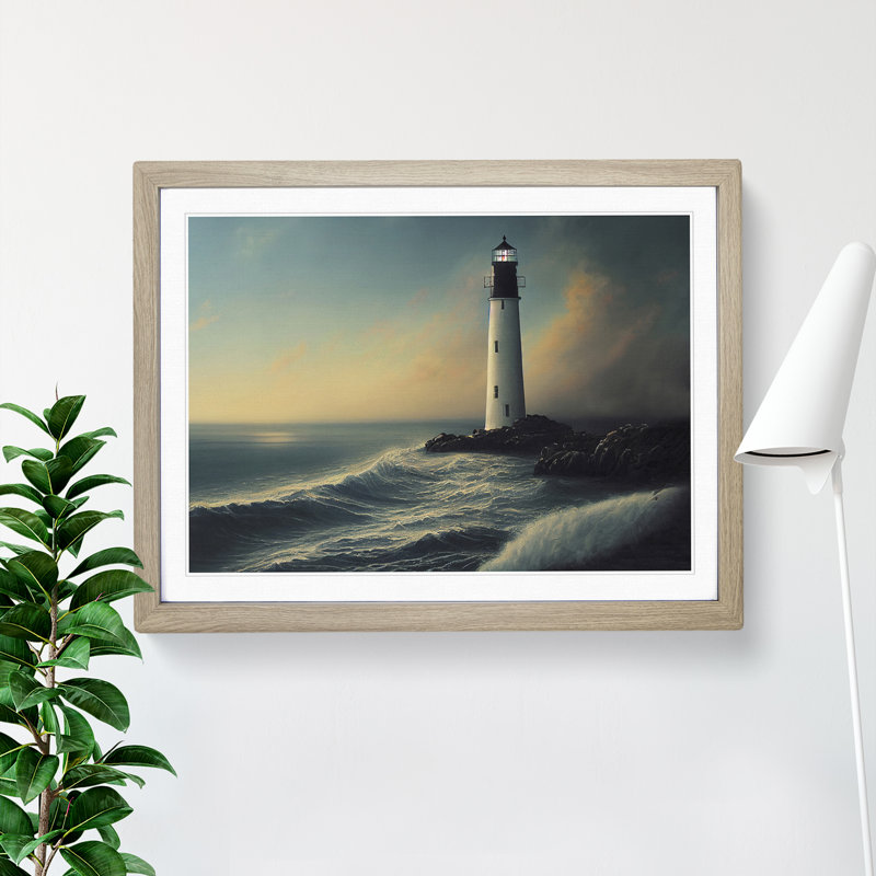 Shimmering Lighthouse Seascape - Single Picture Frame Painting, 34cm H x 46cm W x 2cm D, Oak