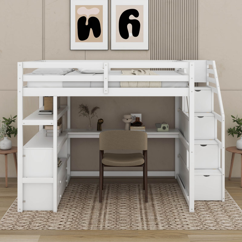 Lit mezzanine double avec bureau et tablettes, White
