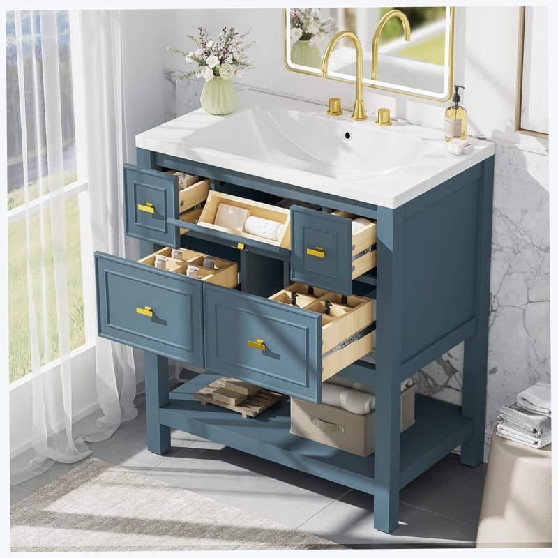 Ensemble de meuble-lavabo simple 29,56 po avec plateau en résine Alexsis, Bleu