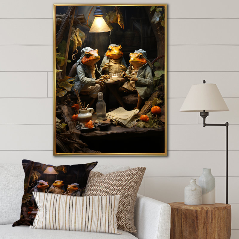 Grenouille, monarchie I sur toile, Cadre flottant doré, H 44 po x l 34 po x P 1,5 po