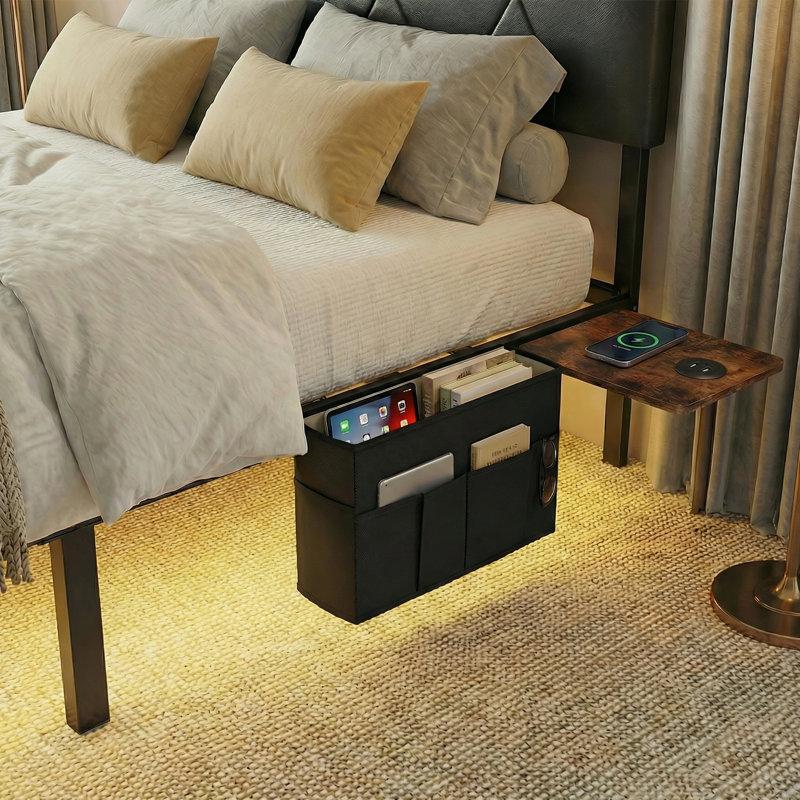 Metal Floating Bed Frame with Adjustable Height Upholstered Headboard, Built-in USB Charging & LED Lighting, Double (4'6)