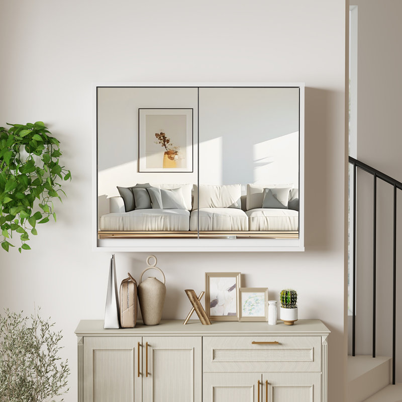 56 mm W 45 mm H Wall Mounted Mirrored Bathroom Cabinets Shelves, White