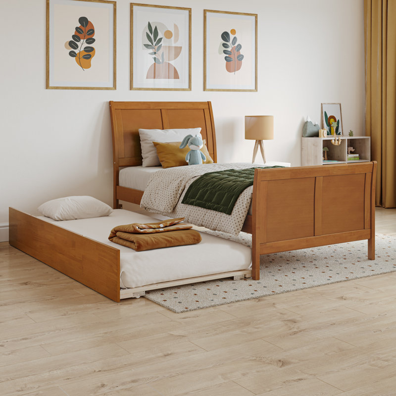 Fitzsimmons Solid Wood Platform Bed with Matching Footboard and Trundle, Twin, Light Toffee
