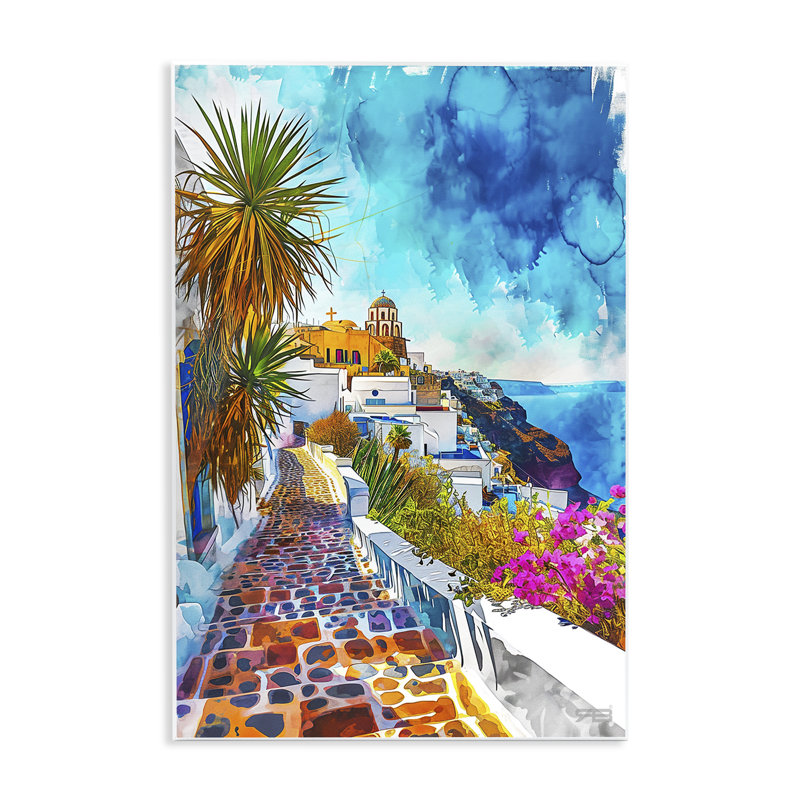 Art mural tropical, ville côtière par RB, H 19 po x l 13 po
