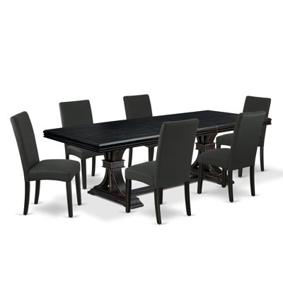 7-piece kitchen table set consists of a wooden table and 6 Black Linen Fabric upholstered chairs with Padded Chair Back - Sand Blasting Black Finish.