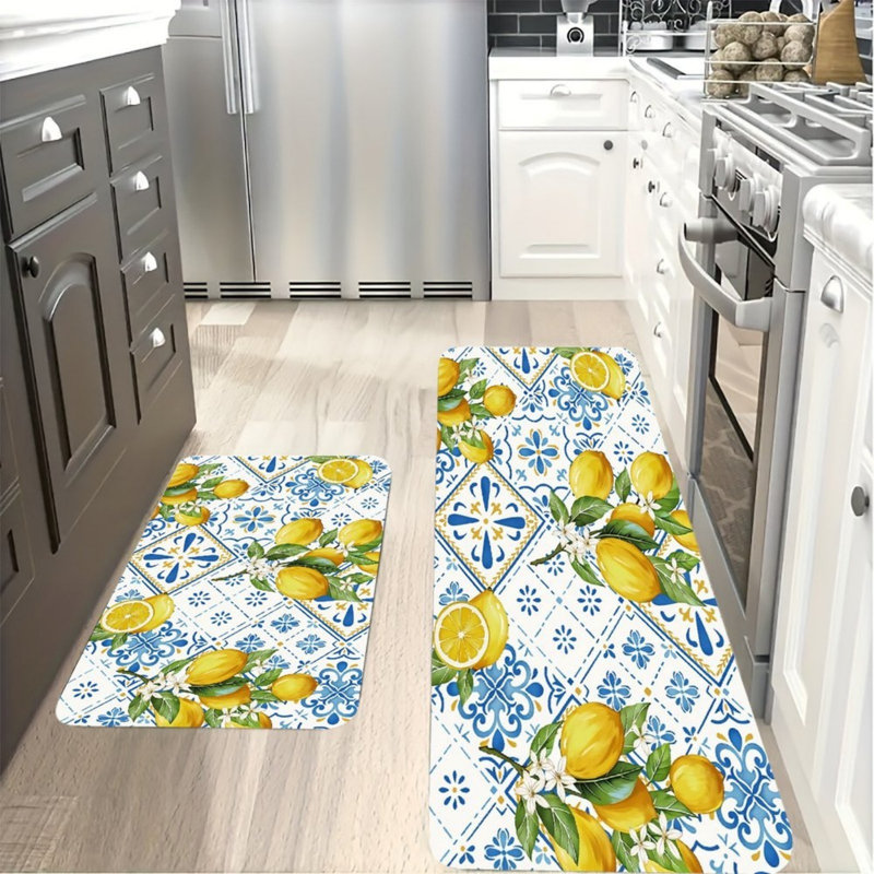 Ensemble de 2 tapis de cuisine bleu à motif citron