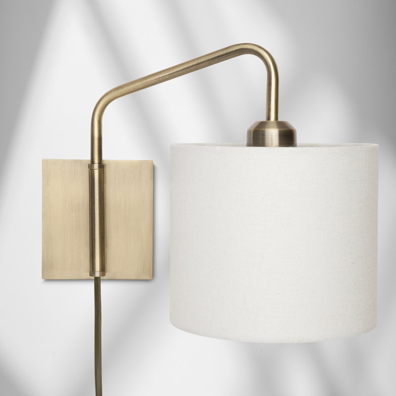 Ahmara Swing Arm Black Plug in Wall Light with Shade, Antique Brass