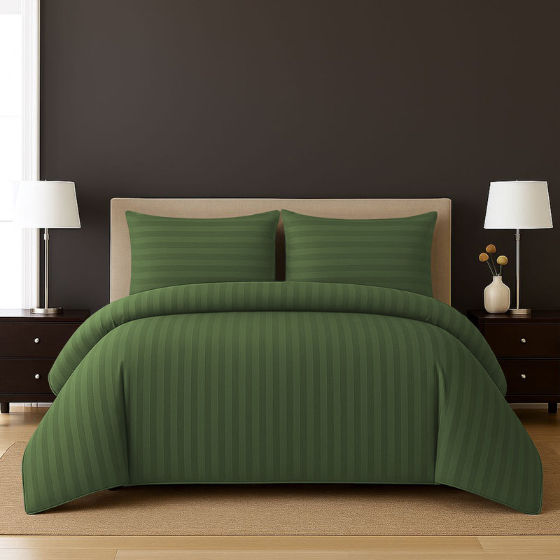 4-Piece Striped High Quality Duvet Cover Set with Fitted Sheet & 2 Pillowcases , Olive Green