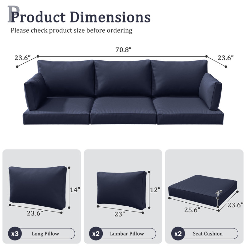 Outdoor 4" Thick Replacement Cushion Set Seat/Back Cushion (Set Of 3 Seats , 3 Backs , 2 Short Backs), Navy