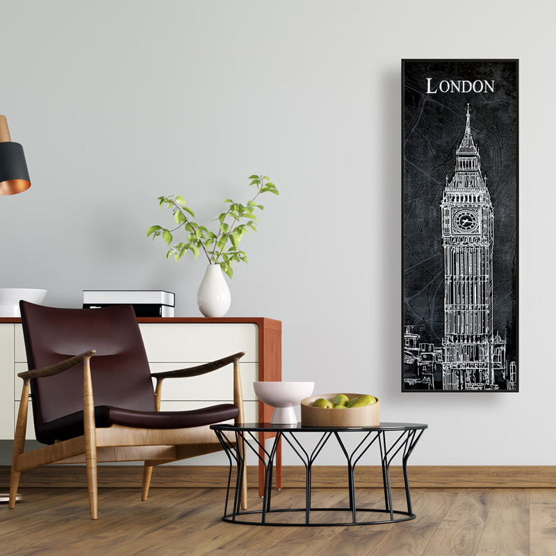 Big Ben Sketch with Map - Gray Monochrome Framed Canvas Decor