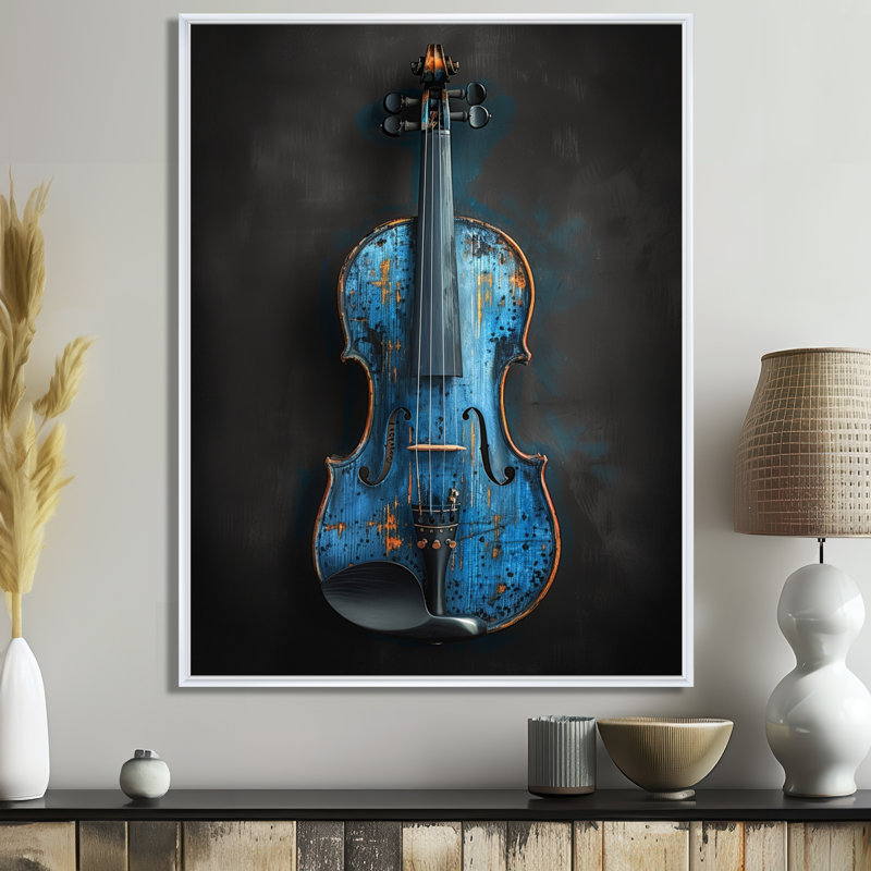 Charme de violon monochrome gris et bleu - musique Jazz Art mural, Cadre flottant blanc, 20" H x 12" W