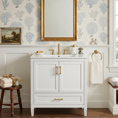 30" Elegant Bathroom Vanity With Ceramic Sink, Solid Wood Leg Storage Cabinet With 3D Fluted Trim & Soft-Close Bottom Drawer, White/Black