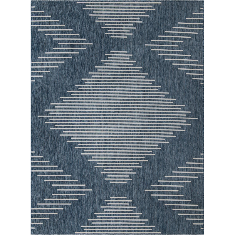 Tapis géométrique bleu en polypropylène tissé à la machine Wallington, Rectangle 9 pi 10 po x 13 pi