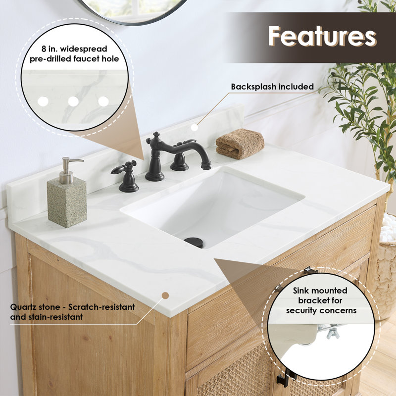 Meuble-lavabo simple autoportant Armanno 36 po avec comptoir en quartz et miroir