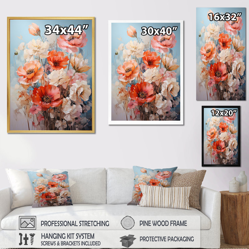 Coral Poppies Romantic Impression I - Floral & Botanical Canvas Prints, H 20 po x l 12 po x P 1 po, Toile tendue