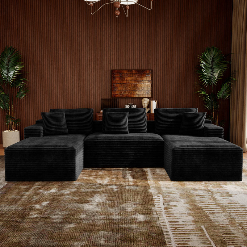 Koli 132" U-shaped Sectional Couch, Compression Sofa, Black Corduroy, 23.6" H x 132" W x 68.9" D, Black Corduroy