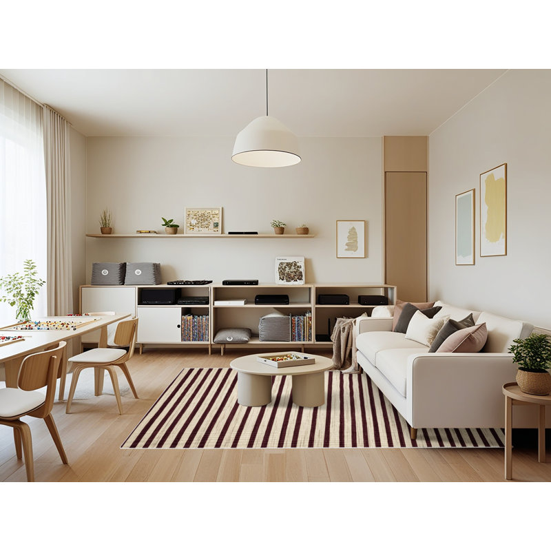 Tapis beige à rayures horizontales lavable à la machine, Rectangle 7 pi x 9 pi