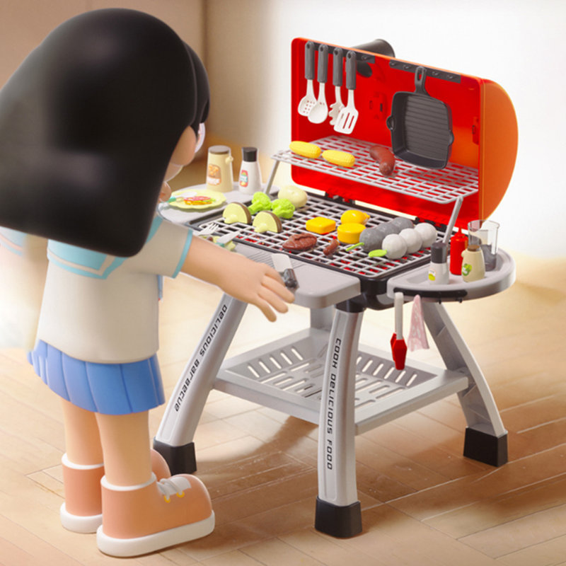 Mini Kitchen Toys BBQ Grill Set with Smoke Sound Light Effects Kids Pretend Play Food Toy