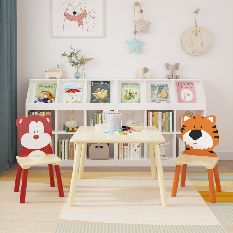 Ensemble de table pour enfants et 2 chaises, ensemble de table de jeu en bois (ours et tigre)