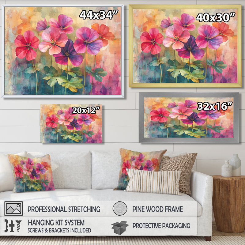 Neon Geranium Fields Pop Art II - Geraniums, art mural sur toile, Argent argent, Cadre simple, H 34 po x l 44 po