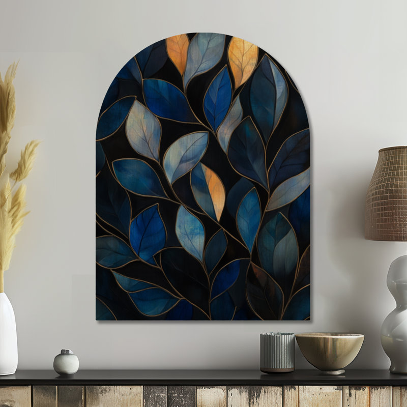 Feuillage bleu doré - Affiche murale botanique en bois arqué, H 40 po x l 30 po, Arche