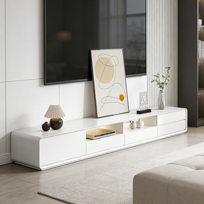 Creamy Style Living Room Multi-Storage TV Stand, H 14,96 po x L 78,74 po x l 15,74 po, Blanc