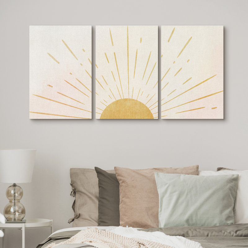 Sunrise Geometric Yellow and Natural Canvas Print Set with MDF Frame