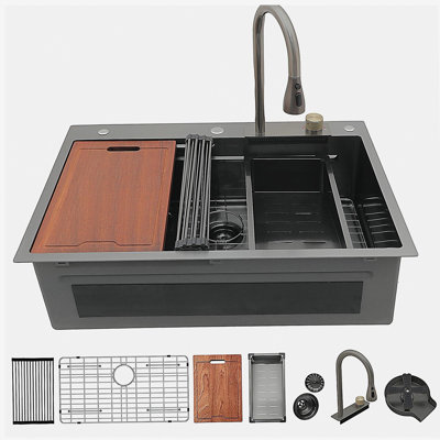 Gunmetal Black Drop in Waterfall Kitchen Sink - 33*22 inch Single Bowl 16 Gauge Stainless Steel Ledge Workstation Kitchen Sinks with Pull-Out Faucet & Cup Washer, Unique Waterfall Design