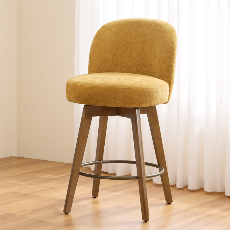 26" Mid-Century Modern Counter Height Bar Stools, 360° Swivel Fabric Upholstered Barstools with Solid Wood Legs, Island Chairs with Backrest, Yellow