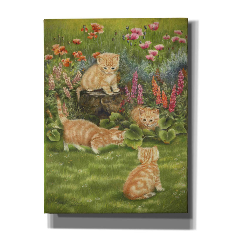 Chatons dans le jardin par Janet Pidoux, H 54 po x l 40 po x P 1,5 po