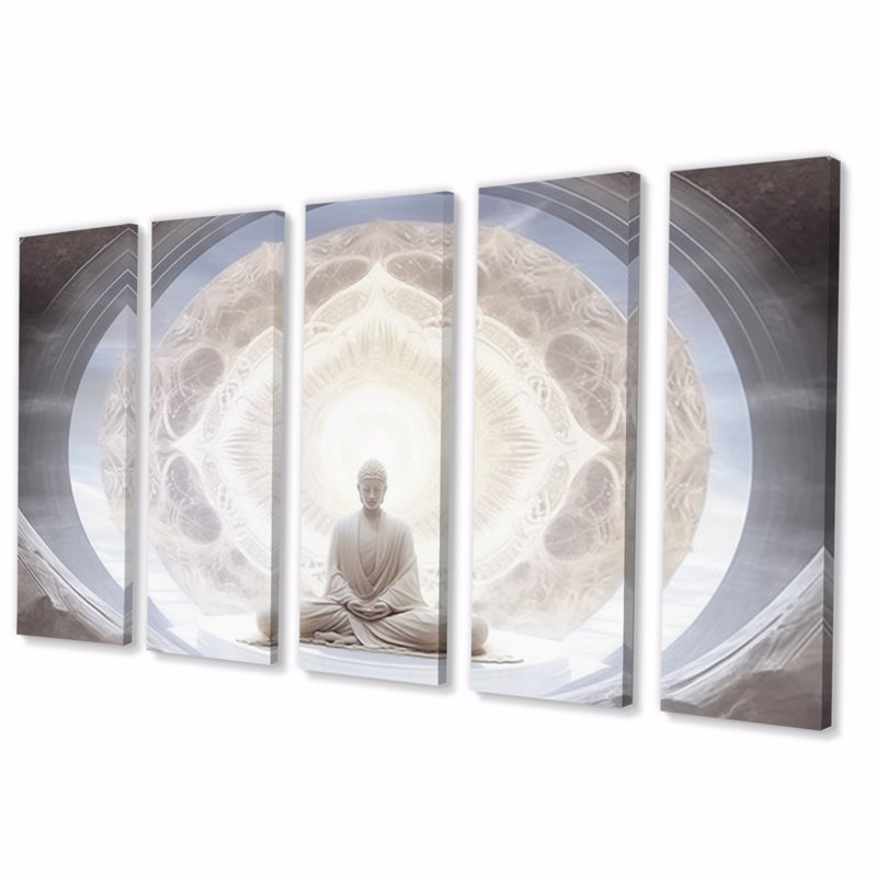 «White Buddha Meditation - Bouddhisme», reproduction sur toile - 5 panneaux égaux