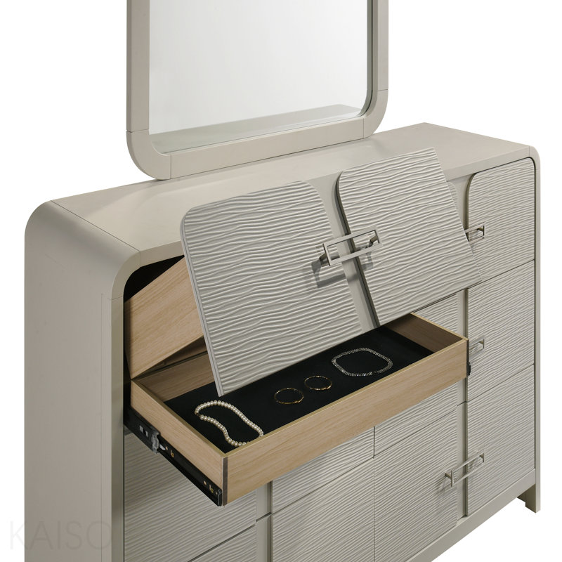 Commode moderne à 6 tiroirs avec façade texturée, poignées en métal et système de roulement à billes beige (inclut seulement la commode)